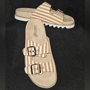 Corkys Dash White & Tan Striped Buckle Two-Banded Upper Slide Sandals - Size 8